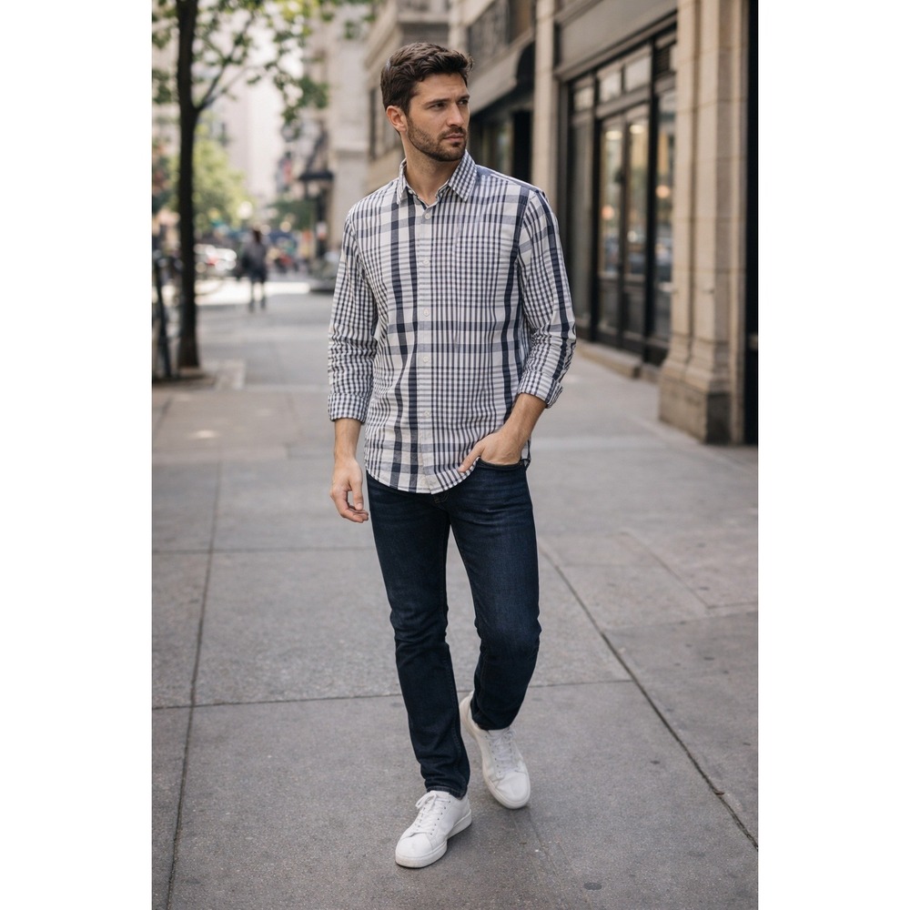 Acne Studios Sid Check Plaid Button Down Shirt Blue Slim Fit Size 50